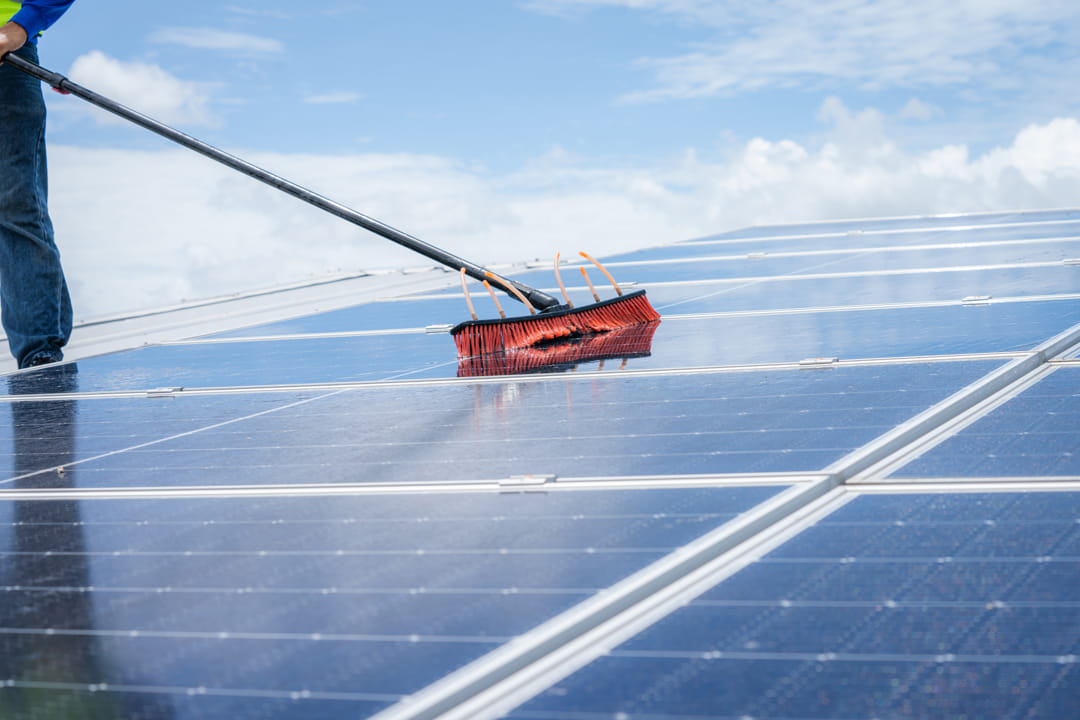 homme en train de laver des panneaux solaire